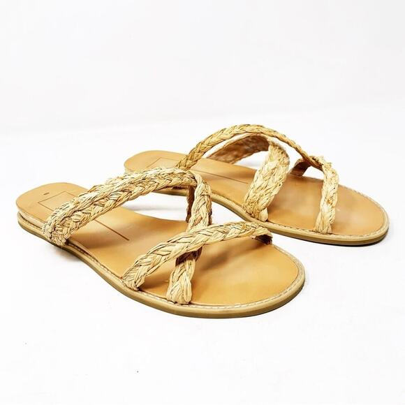 Dolce Vita Nebi Sandals size 10 Natural Tan Woven Raffia Straw Low Wedge Strappy - Picture 1 of 10